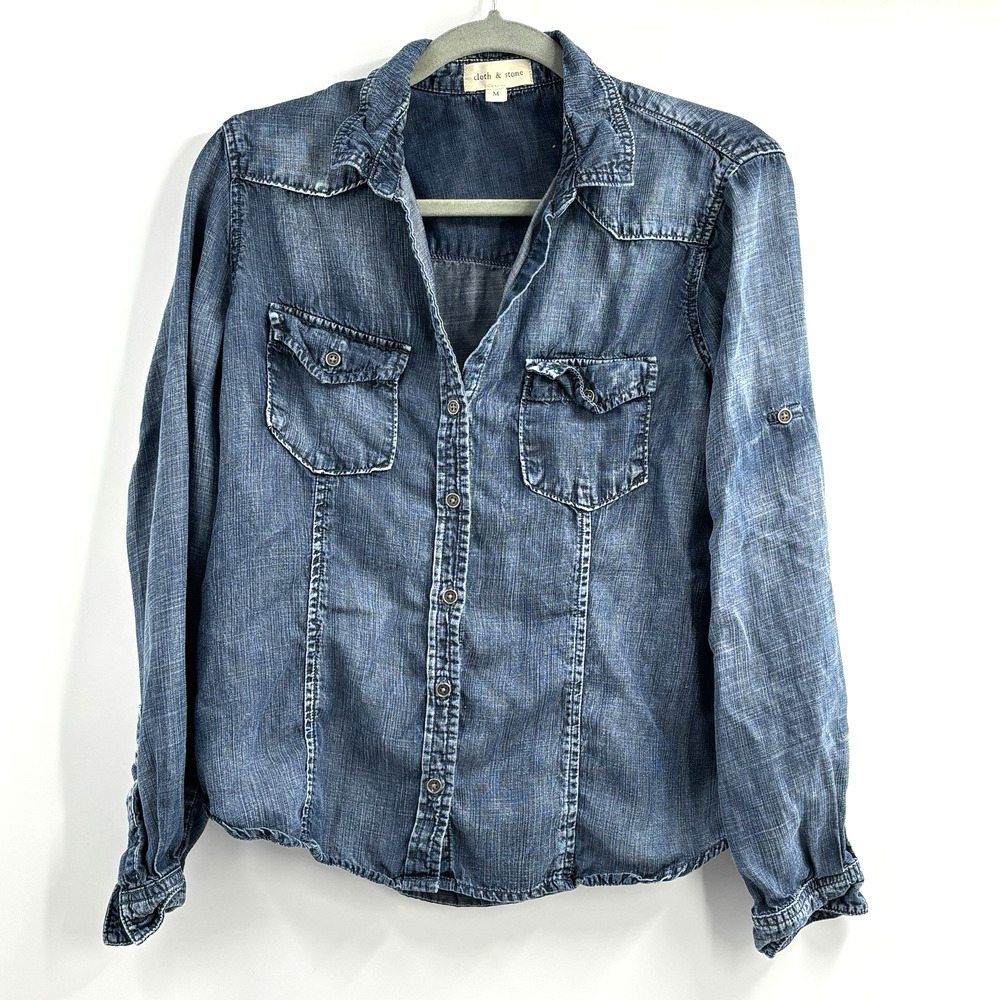 Cloth & Stone Anthropologie Womens M Tencel Denim Button Down Roll Tab Shirt